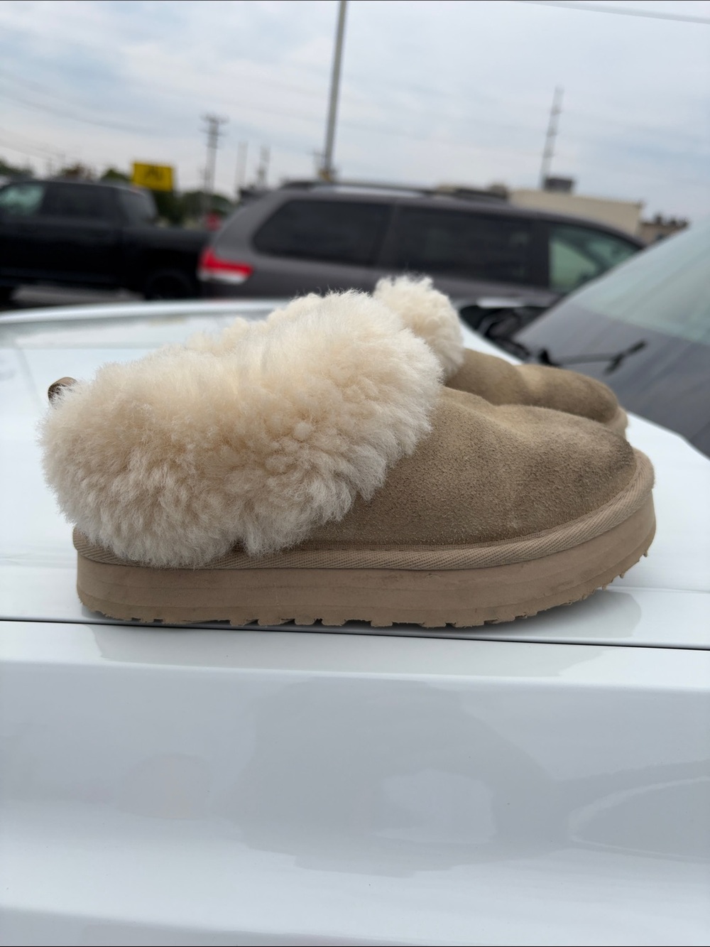 UGG Kids TazzelleSuede Shearling Clog in Taupe with Cream Trim